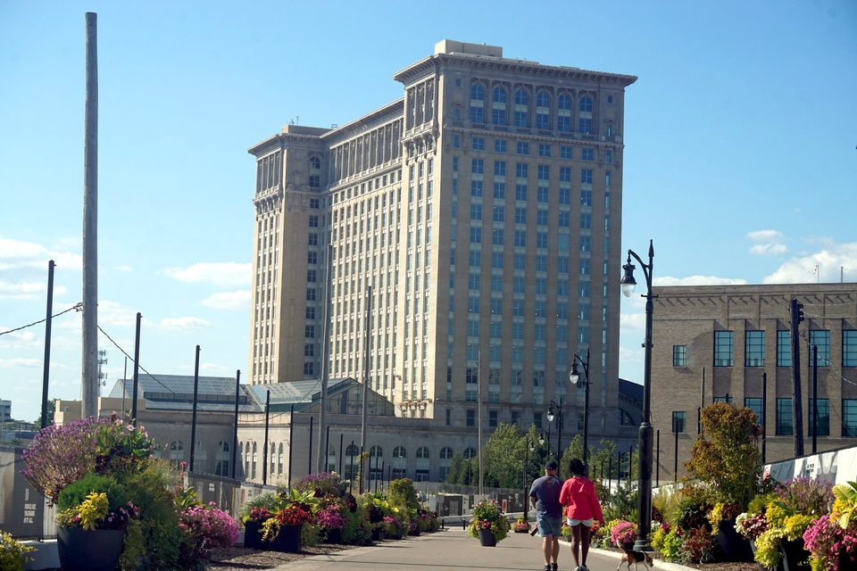 The tower from the flower-lined plaza, 2025