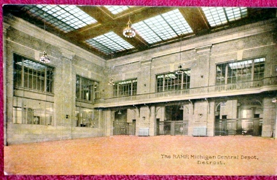 Old postcard of the skylit ramp toward the trains