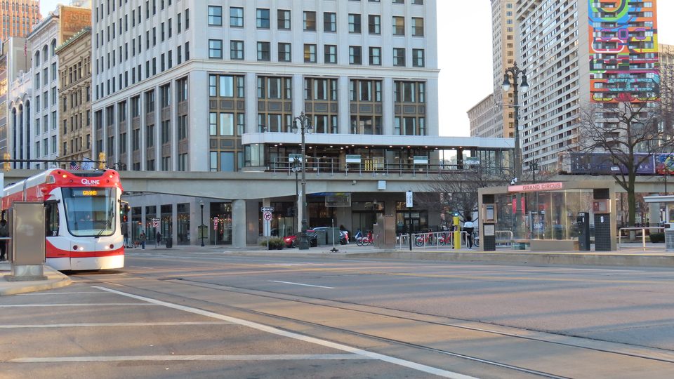 Grand Circus Park: the People Mover above, the QLINE streetcar below (2023)