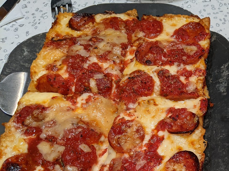 Buddy’s square pepperoni pizza with crispy cheese edges, 2021