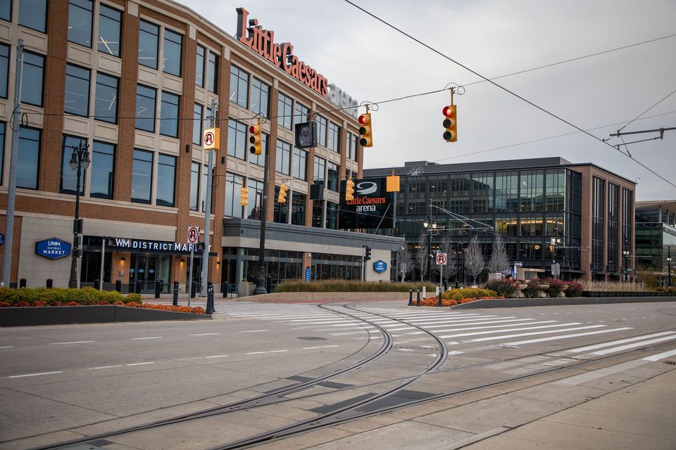The tracks curving near Little Caesars Arena (2021)