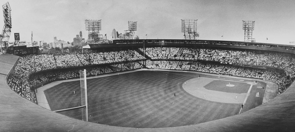 Tiger Stadium from above, with full stands and the downtown skyline, black-and-white photo