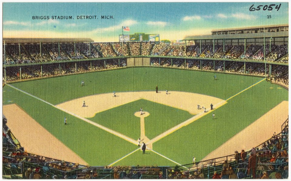 Hand-colored postcard of Briggs Stadium, showing the field and grandstands from above