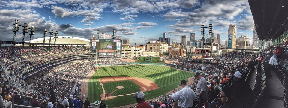 Panorama of Comerica Park from the upper deck, with Ford Field and the downtown skyline behind